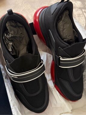 Prada Black Sneakers with Red Outsole and White Trim